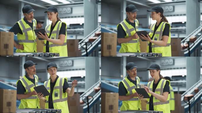 白人女经理和男搬运工在仓库里用平板电脑与自动传送带交谈。一男一女在配送中心处理网上客户的订单。