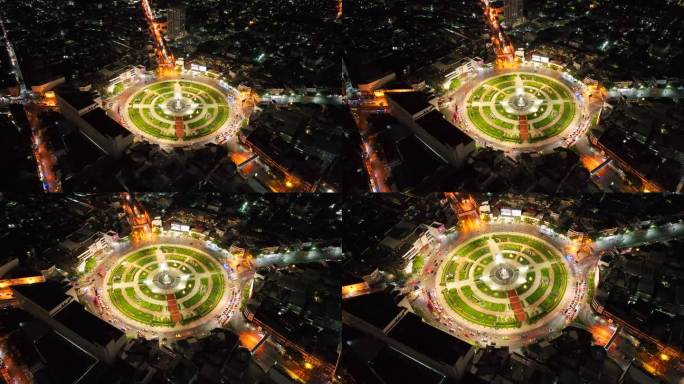 夜间城市环形交通十字路口鸟瞰图