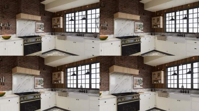 白色厨房，深红砖，木材，大窗户和厨房用具。l形厨房，带横梁和餐桌。三维动画