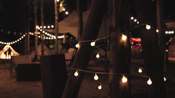 夜间露营度假时的Led灯泡和串灯。