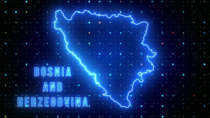 未来的蓝色闪耀波斯尼亚和黑塞哥维那轮廓地图和标签文本发光霓虹灯耀斑运动揭示与星星闪耀网格