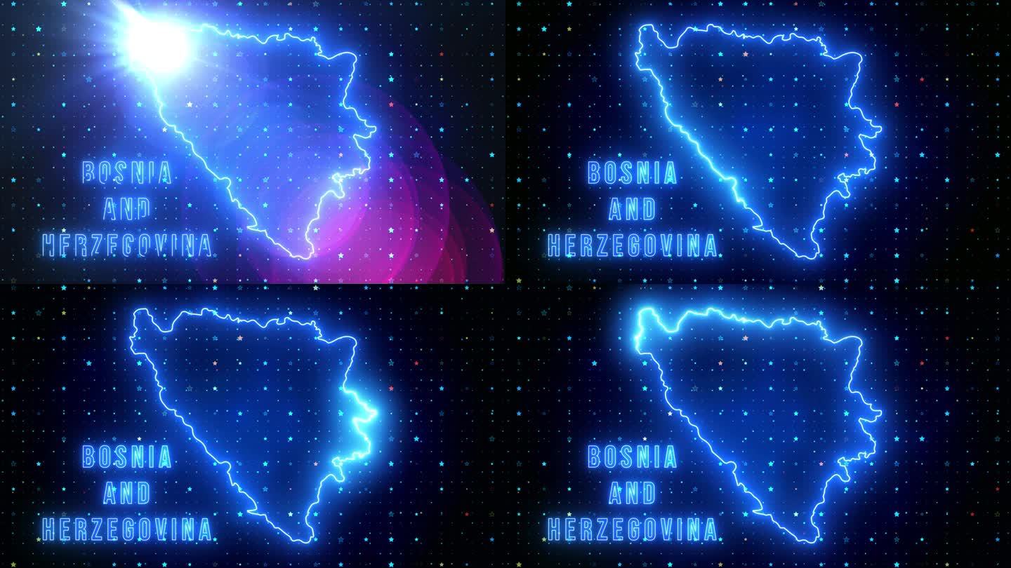 未来的蓝色闪耀波斯尼亚和黑塞哥维那轮廓地图和标签文本发光霓虹灯耀斑运动揭示与星星闪耀网格
