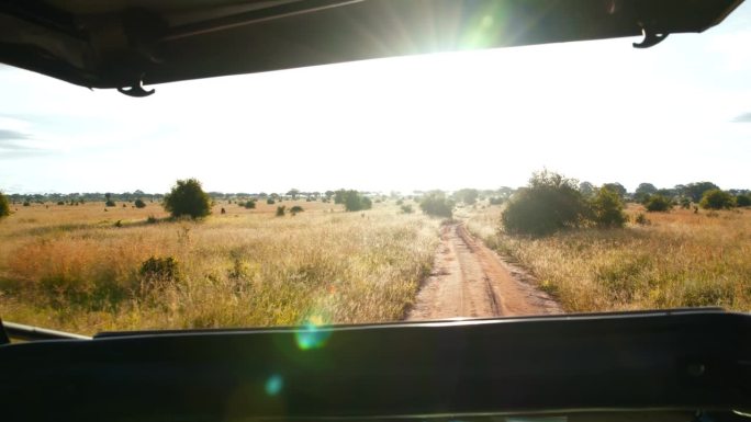 在泥泞的道路上驾车穿越坦桑尼亚美丽的风景