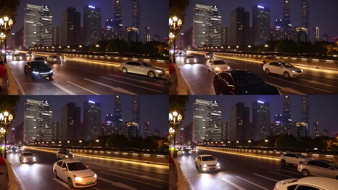 晚上广州车流车辆缓慢行驶广州大桥