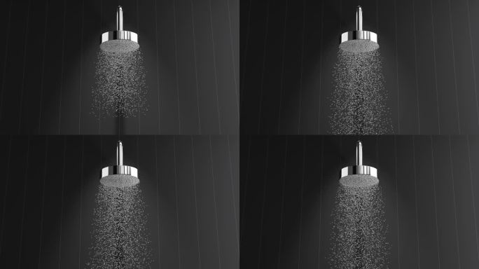一股水流从淋浴3D 4K动画中流出。前视图。没有人。