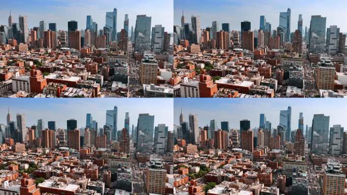 普通的建筑与华丽的摩天大楼形成对比。晴天，无人机在纽约上空飞行。