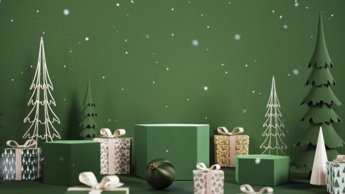 冬季圣诞场景，产品展示的讲台空无一人。绿色背景上的圣诞装饰和飘落的雪的豪华模型讲台。