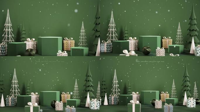 冬季圣诞场景，产品展示的讲台空无一人。绿色背景上的圣诞装饰和飘落的雪的豪华模型讲台。
