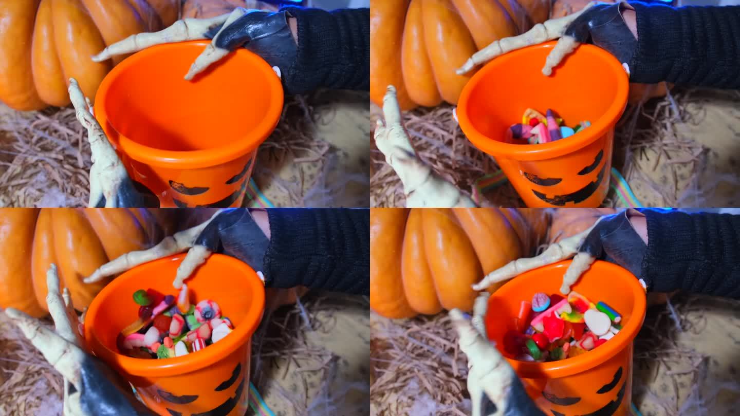 特写，穿着奇装异服的骷髅死亡人物在篮子里索要糖果和糖果，样式是橙色的南瓜