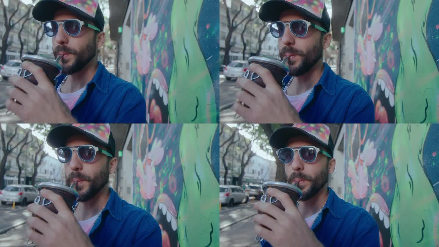 时髦的街头艺术家从杯子里喝酒，在墙上涂鸦