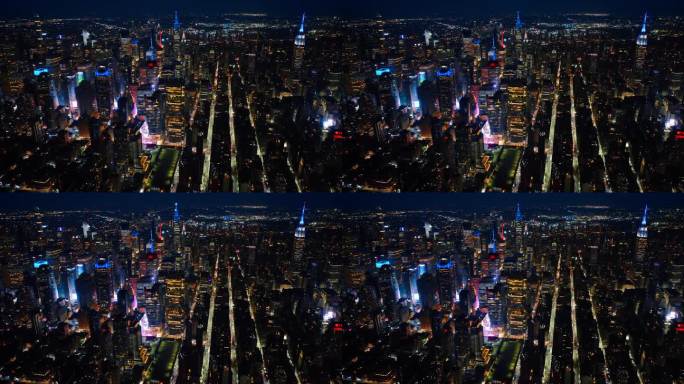 波光粼粼，纽约夜不能寐。无人机拍摄的大都市广阔城市景观。