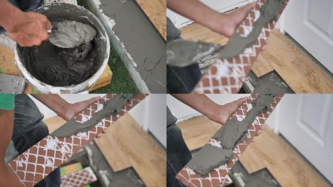 专业建筑工人在桶里搅拌水泥，在新装修的房子里安装木地板。