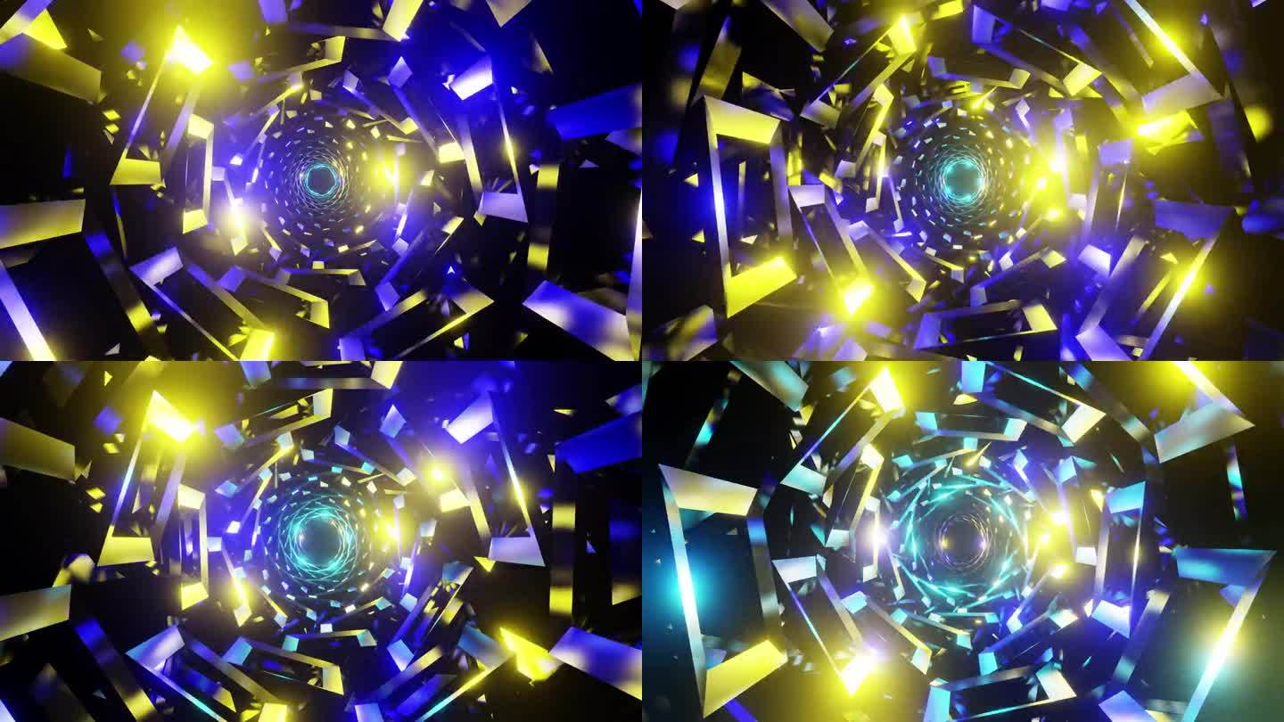 无尽的隧道几何形状旋转与黄色和蓝色闪烁的音乐节奏vj循环3d渲染。抽象的背景音乐节，迪斯科，dj派对