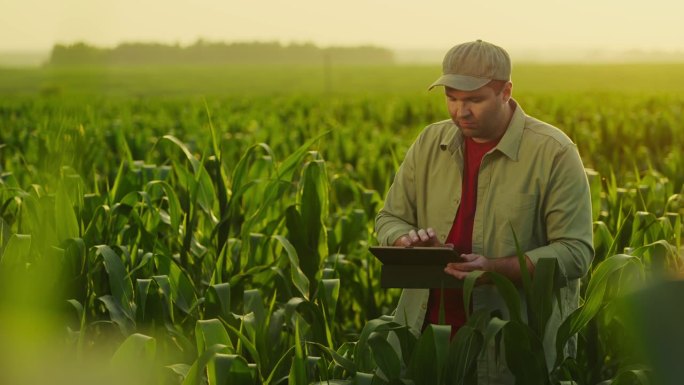 专业农艺师在田间观察玉米幼苗叶片，在平板上做笔记