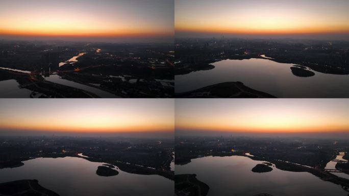 4K航拍夕阳黄昏下的长沙县松雅湖5