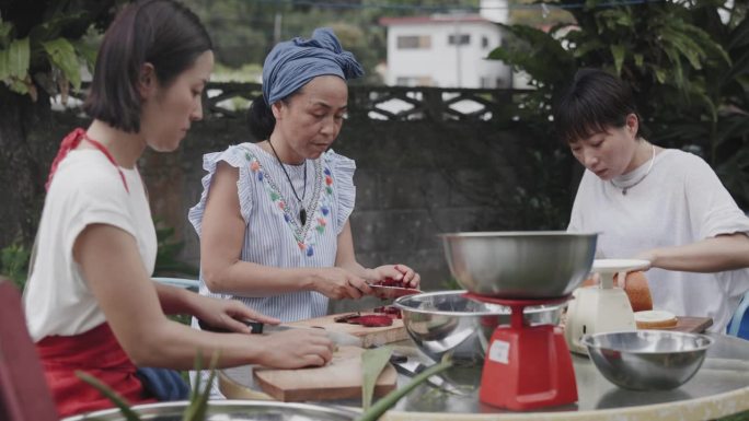 一群日本妇女用她们的有机菜园作物制作排毒果汁