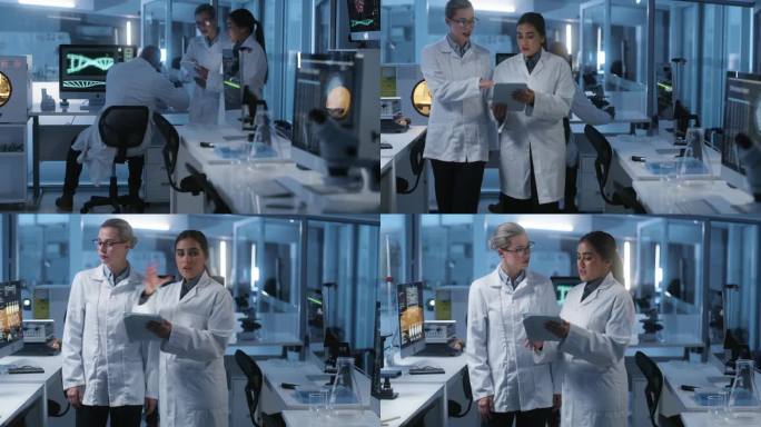 妇女，科学家和平板电脑在实验室讨论的实验，研究和测试的DNA。女博士，通过基因科学的分析、数据和筛选