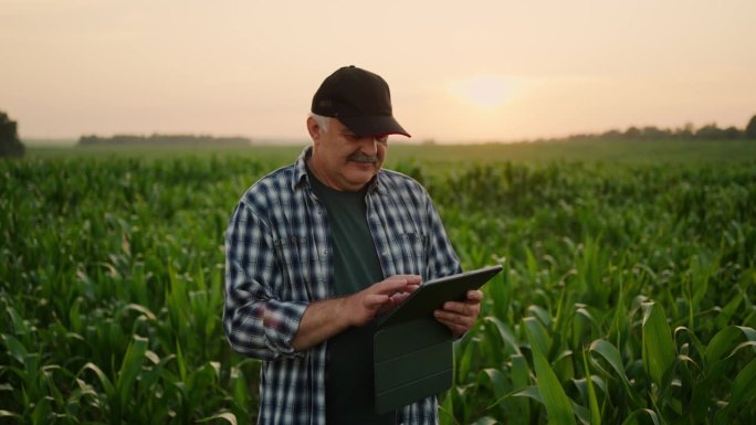 老年农民在玉米地上使用药片，做笔记，中年农学家肖像