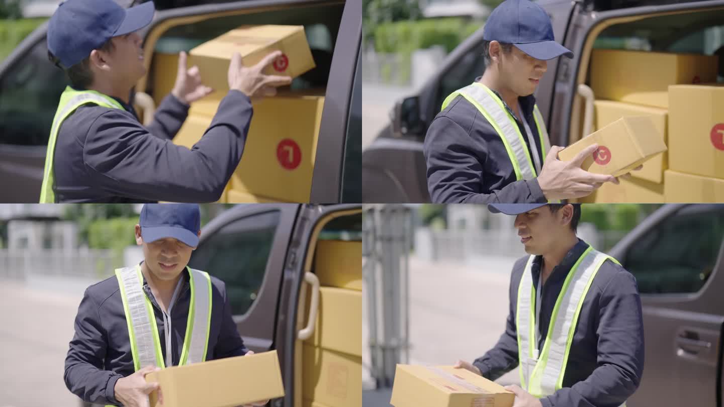 送货员在运输车上准备好包裹，并将箱子送到客户家中。