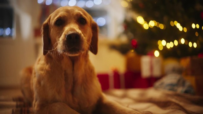 可爱的纯种金毛猎犬在一个下雪的冬夜里享受温暖:一只狗在一棵装饰着彩灯和礼物的圣诞树旁平静地休息的画像