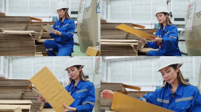 检验员在工厂的生产线上检查纸板箱的质量。承诺质量保证。在生产过程的每一步严格的质量控制，确保达到标准