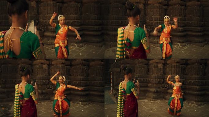 一位朋友用智能手机拍摄了穿着传统服装的印度妇女的肖像，她穿着五颜六色的纱丽跳舞。女青年记录她的民间舞