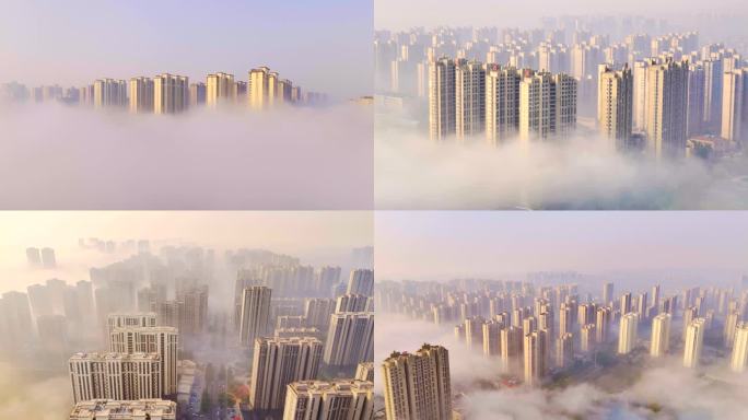 唐山市丰南区航拍清晨平流雾 城市美景