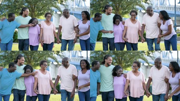 多代非裔美国人家庭在公园散步