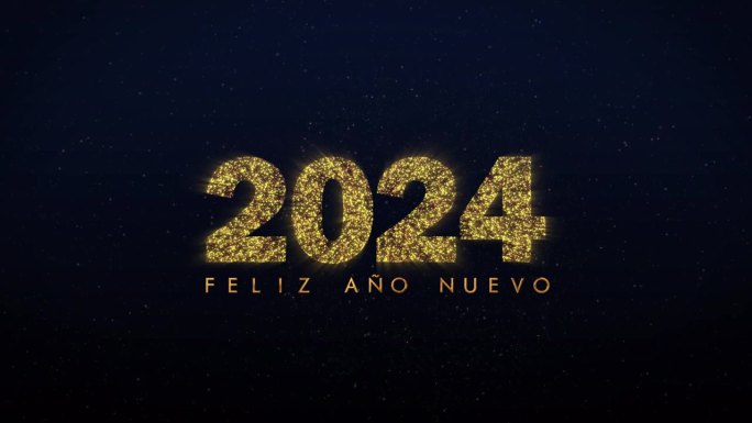 Feliz ano nuevo 2024。2024年新年快乐西班牙语问候。闪闪发光的动画字母和数字在