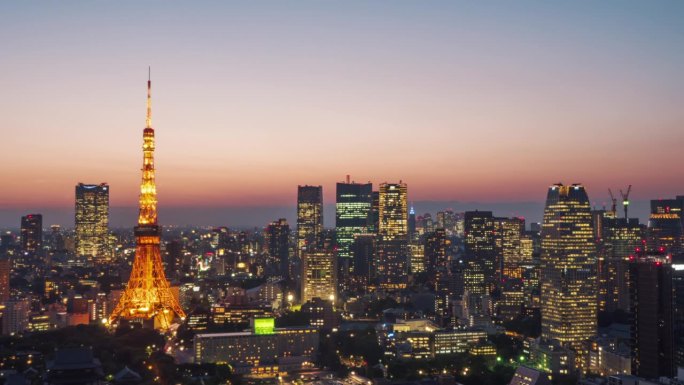 东京塔，日本地标建筑夜景鸟瞰延时