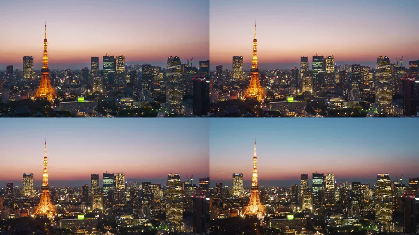 东京塔，日本地标建筑夜景鸟瞰延时