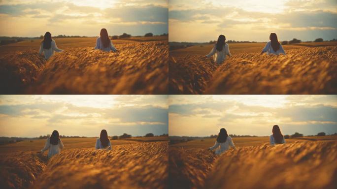 夕阳下，年轻的女性朋友在田野里的庄稼间散步