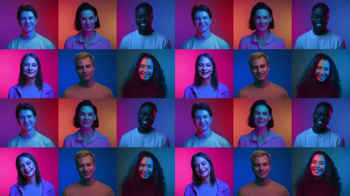 霓虹彩光下黑人和白人女性对着镜头微笑的幸福肖像多屏。人的多样性和不同年龄的多屏截图。真正不同的人在一