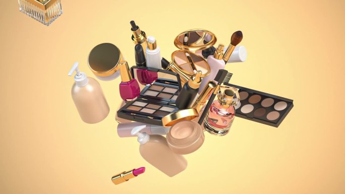 化妆品和香水，时尚化妆品产品的形式。三维视频动画