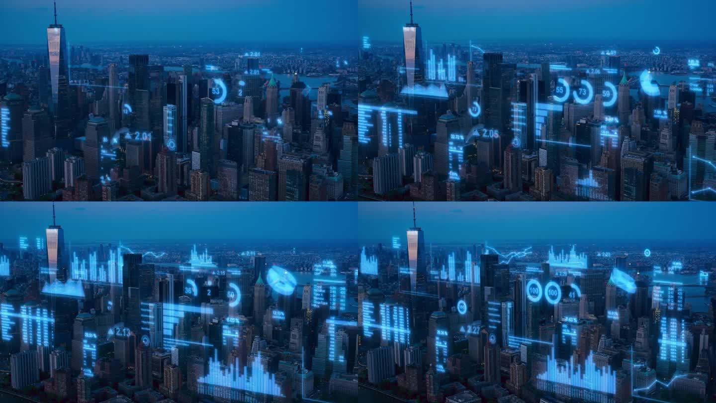 现代智慧城市概念:纽约市的夜间直升机镜头与动画数字化视觉在地标商业建筑。VFX数据与图形，图表，城市