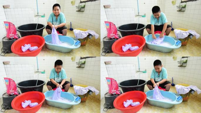 亚洲男孩在洗衣服，穿校服