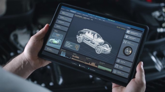 男技师手持模拟汽车诊断和空气动力学的平板电脑