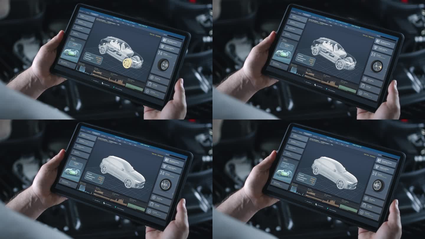 男技师手持模拟汽车诊断和空气动力学的平板电脑