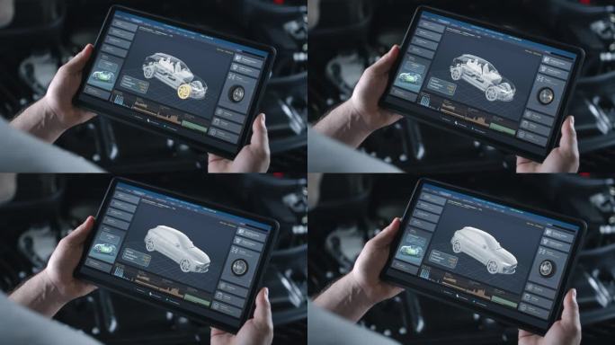 男技师手持模拟汽车诊断和空气动力学的平板电脑