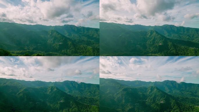 电影时间推移热带森林在山区鸟瞰图。热带植物上的日出。飞行在美丽的户外场景。亚洲自然峰的超延时无人机。