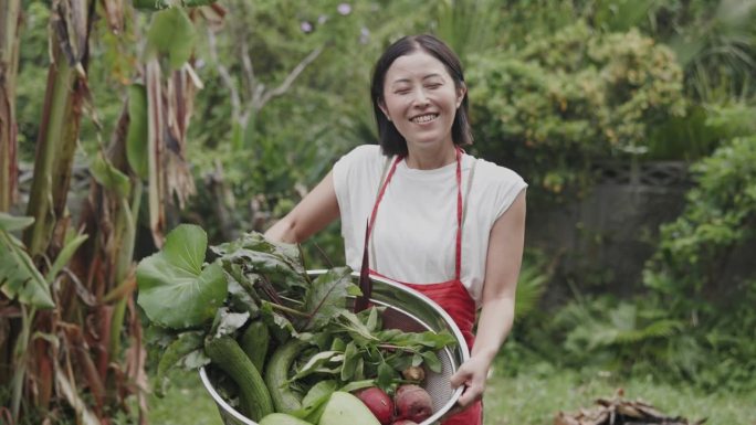 日本妇女提着一篮子菜园里的新鲜蔬菜