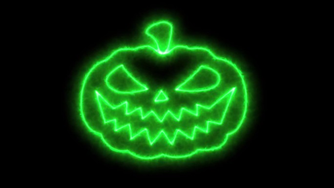一个绿色发光的南瓜，在透明的背景上雕刻着眼睛和令人毛骨悚然的微笑。万圣节的鬼南瓜动画。