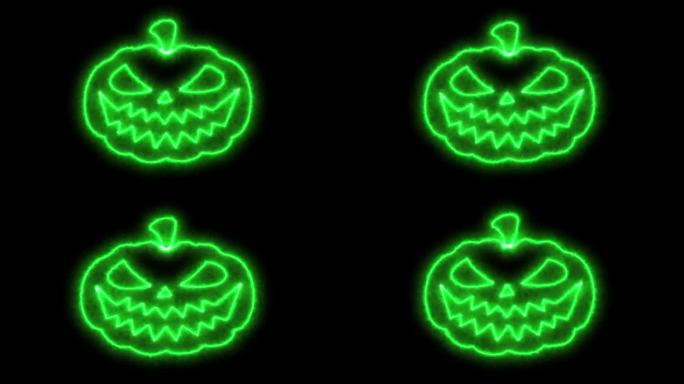 一个绿色发光的南瓜，在透明的背景上雕刻着眼睛和令人毛骨悚然的微笑。万圣节的鬼南瓜动画。