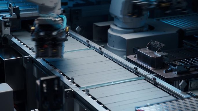 电动汽车电池组生产工艺。锂离子电池生产线的机器人手臂将汽车电池模块运送到传送带上。先进自动化智能工厂
