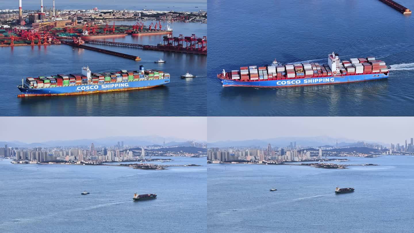 青岛港胶州湾集装箱货轮邮轮启航高清视频