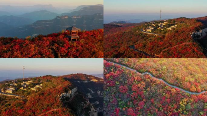 航拍秋天山岭红叶