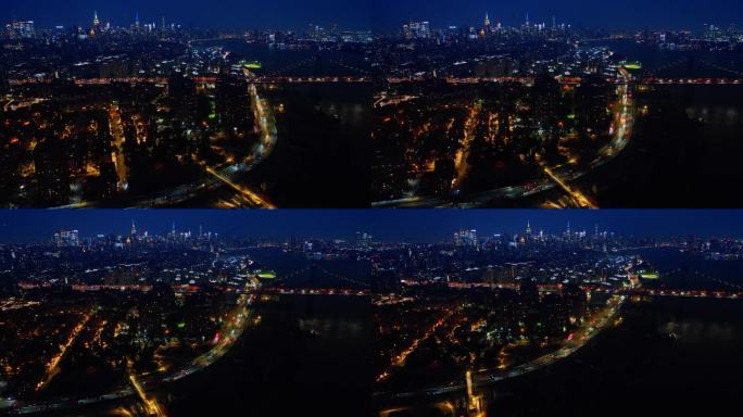 纽约市和哈德逊河的壮丽夜景。从不沉睡的充满活力的大都市。前视图。