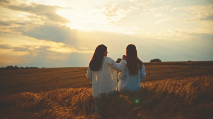 年轻的女性朋友在金色的麦田里欣赏日落的天空