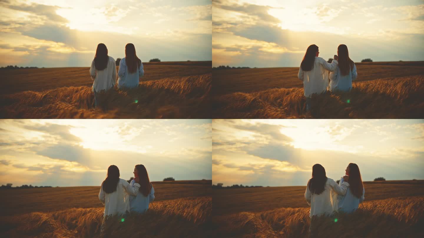 年轻的女性朋友在金色的麦田里欣赏日落的天空