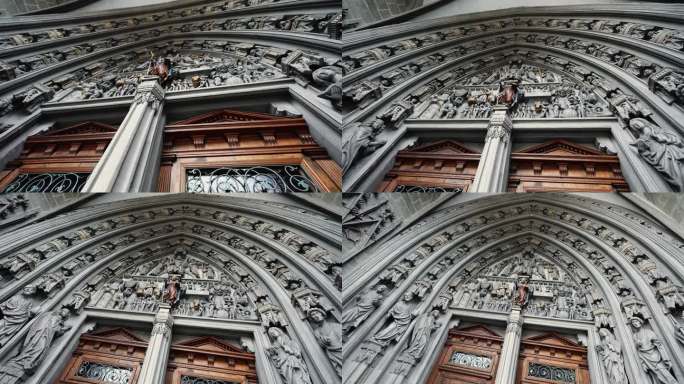 弗里堡，瑞士，大约2022年3月——宗教寺庙入口，走出教堂，看到美丽的装饰和天主教柱子的装饰，宗教纪